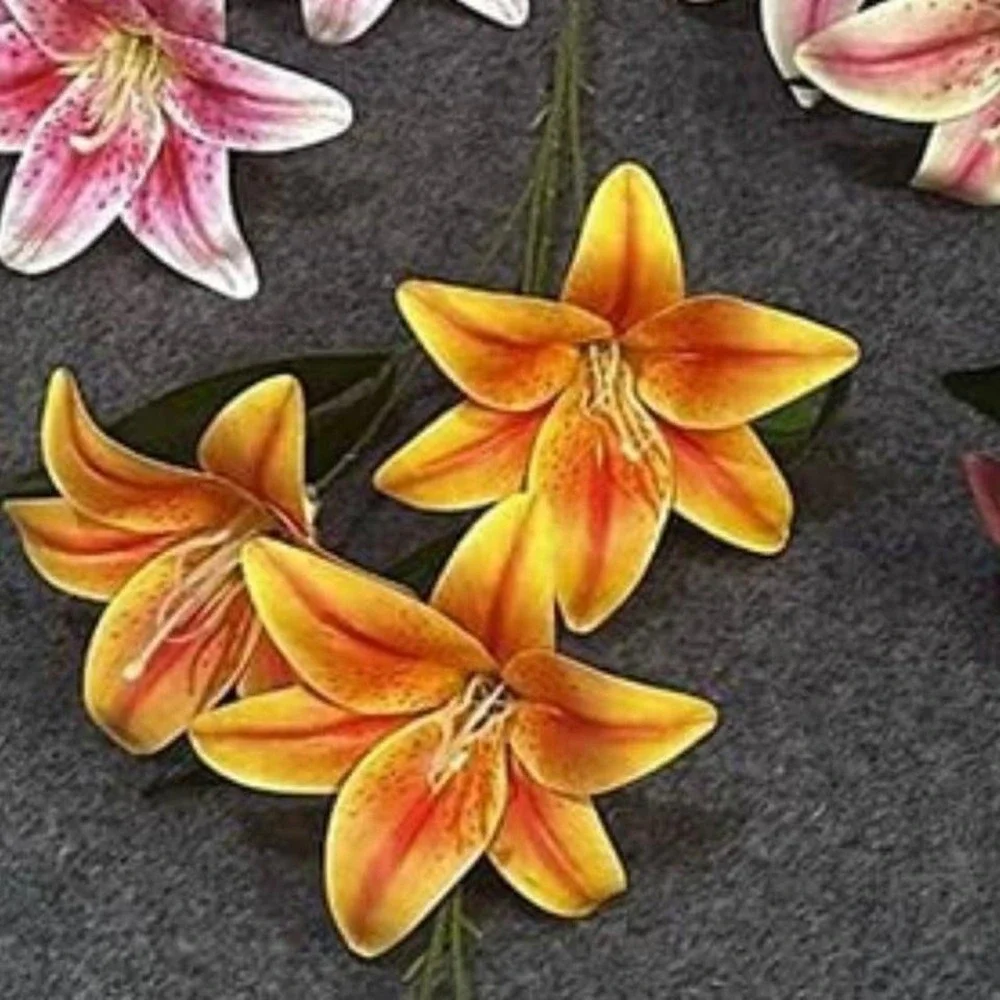 3‎ Pcs Fake Flowers Lily Silk Flowers for Home Decorations Orange